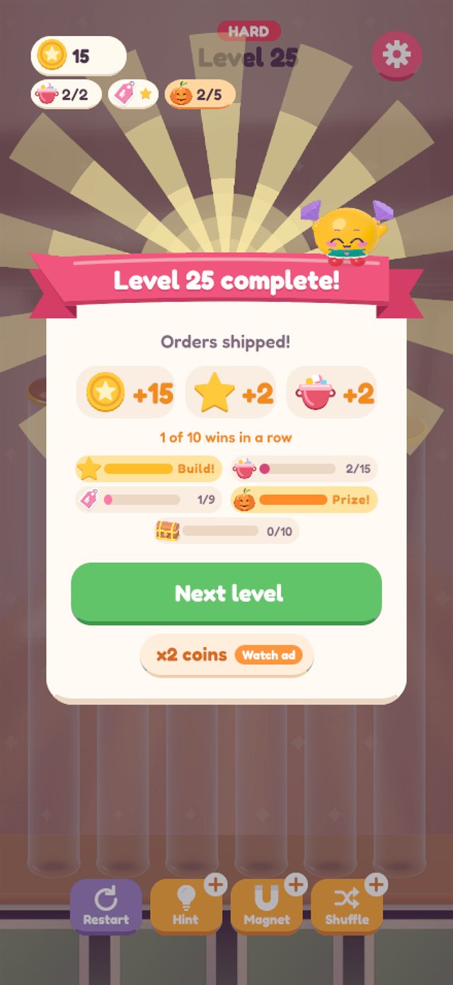 The level complete card with rewards