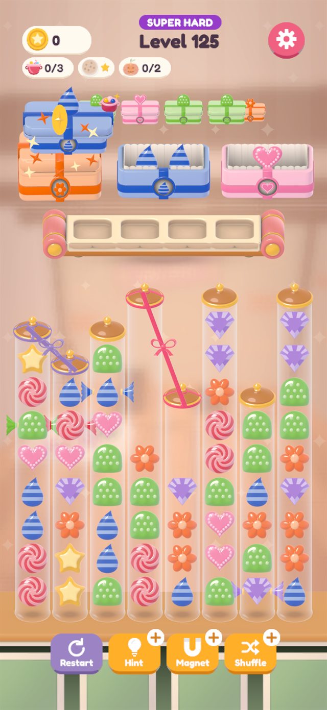 A Super Hard level with ribbons and wrapped candies